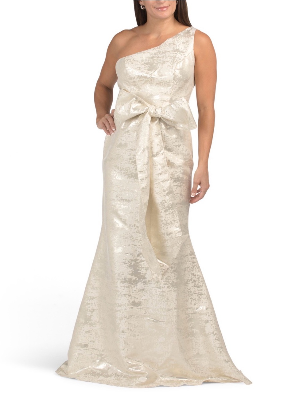 Rene Ruiz One-Shoulder Shimmery Ivory Evening Gown with Waist Bow 10 NWT